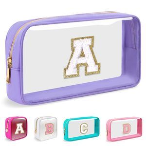 Small Clear Personalized Initial Makeup Bag,nylon Preppy A-z Chenille Letter🤎